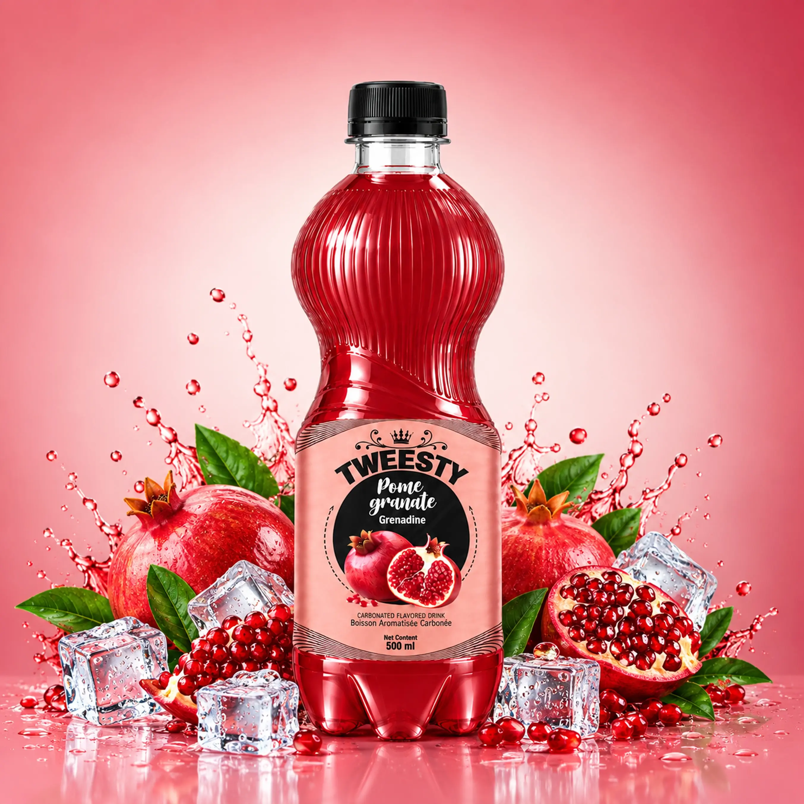 TWEESTY Pomegranate carbonated flavoured drink 500ml PET bottle with pomegranate, ice and splash